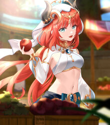 1girl :d absurdres apple aqua_eyes blue_brooch blue_gemstone blue_skirt blurry blurry_background breasts circlet clothing_cutout commentary_request crop_top dancer day fake_horns food fruit gem genshin_impact gold_trim hand_up headdress highres holding holding_food holding_fruit horns long_hair long_sleeves looking_at_viewer market_stall medium_breasts midriff navel nilou_(genshin_impact) open_mouth outdoors parted_bangs red_hair signature skirt smile solo stomach twitter_username veil very_long_hair white_veil whyte_srsn
