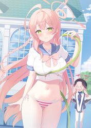 &lt;|&gt;_&lt;|&gt; 2girls ahoge beret bikini black_headwear black_jacket black_wings blue_archive blue_sailor_collar blush braid breasts closed_mouth collarbone day green_eyes halo hanako_(blue_archive) hat head_wings highres holding holding_hose hose jacket koharu_(blue_archive) kurumi_lm large_breasts long_hair long_sleeves multiple_girls navel open_mouth outdoors pink_hair pink_halo sailor_collar short_sleeves single_braid smile striped_bikini striped_clothes swimsuit track_jacket twintails water wings