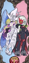 2girls angry blonde_hair blue_eyes bodysuit breasts cleavage commission diabellstar_the_black_witch diabellze_the_original_sinkeeper duel_monster gloves green_eyes green_hair grey_hair grin half_mask hat highres hood large_breasts long_hair mask medium_hair multicolored_hair multiple_girls pale_skin purple_hair skeb_commission smile streaked_hair white_bodysuit witch witch_hat yamasu_(tmy-0902) yu-gi-oh!
