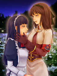 2000s_(style) 2girls acolyte_(ragnarok_online) alice_(ragnarok_online) apron armband black_dress black_hair black_hairband bow bowtie breasts brown_capelet brown_eyes brown_gloves brown_hair brown_shirt brown_skirt capelet commentary_request dress feliciel field flower flower_field gloves green_eyes hairband hand_on_another&#039;s_cheek hand_on_another&#039;s_face hime_cut long_sleeves maid maid_headdress medium_breasts multiple_girls night outdoors purple_sky ragnarok_online red_bow red_bowtie shirt sidelocks skirt sky star_(symbol) tree white_apron yuri