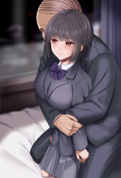 1boy 1girl balding black_bow black_bowtie black_hair black_jacket black_pants blazer blurry blurry_background bow bowtie breasts brown_eyes closed_mouth collared_shirt grey_skirt hug hug_from_behind huyumitsu jacket kneeling motion_lines old old_man original pants pleated_skirt school_uniform shirt short_hair skirt white_shirt