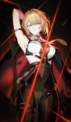 1girl arm_strap arm_up armpits black_choker black_jacket black_pants blonde_hair blood blood_on_face breasts choker chromatic_aberration collared_shirt commentary cowboy_shot eun_(eunice) evelyn_chevalier high-waist_pants jacket jacket_on_shoulders large_breasts latex_pants looking_at_viewer necktie pants parted_lips purple_eyes shirt shirt_tucked_in short_hair solo tight_clothes tight_pants twitter_username white_shirt yellow_necktie zenless_zone_zero
