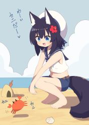 1girl :d animal animal_ear_fluff animal_ears bare_arms bare_shoulders beach beret black_hair black_sailor_collar blue_bow blue_eyes blue_shorts blue_sky blush bow cloud commentary_request crab crop_top day fangs flower hair_between_eyes hair_flower hair_ornament hat highres horizon long_hair midriff navel ocean open_mouth original outdoors red_flower sailor_collar saisoku_no_yukkuri sand sand_sculpture seashell shell shirt shorts sky sleeveless sleeveless_shirt smile solo squatting striped_bow tail translation_request water white_hat white_shirt