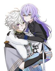 Rule 34 | 2boys, aged down, antenna hair, armor, bead necklace, beads, belt, black gloves, black shirt, blue hair, braid, carrying, closed mouth, collared shirt, crossed bangs, expressionless, fur scarf, gloves, green eyes, grey eyes, hair between eyes, heterochromia, highres, holographic clothing, hoshirube sho, hoshirube sho (1st costume), japanese armor, japanese clothes, jewelry, jing (0r1 4), kariginu, kote, kurokote, long hair, long sleeves, looking at viewer, magatama, magatama necklace, male focus, multicolored hair, multicolored skirt, multiple boys, murakumo kagetsu, murakumo kagetsu (1st costume), necklace, nijisanji, parted lips, pleated skirt, purple eyes, purple hair, shirt, short hair, short sleeves, side braid, simple background, single braid, skirt, streaked hair, sweatdrop, vest, virtual youtuber, white background, white belt, white hair, white vest, wide sleeves, wing collar