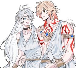 1boy 1girl alternate_costume ancient_greek_clothes antenna_hair arm_around_back arm_around_waist arm_tattoo armlet bare_shoulders black_choker blonde_hair blue_eyes braid breasts chest_tattoo choker cleavage collarbone commentary_request dress earrings genderswap genderswap_(mtf) gold_armlet gold_earrings gold_necklace greco-roman_clothes hair_between_eyes hair_ornament hair_over_one_eye hand_on_another&#039;s_shoulder heoreo highres holding holding_scroll honkai:_star_rail honkai_(series) jewelry large_breasts long_hair looking_at_another low-tied_long_hair medium_hair mydei_(honkai:_star_rail) neck_tattoo necklace open_mouth parted_lips phainon_(honkai:_star_rail) red_tattoo scroll short_hair side_braid simple_background sleeveless sleeveless_dress smile tattoo teeth upper_body upper_teeth_only very_long_hair white_background white_dress white_hair yellow_eyes