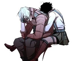 1boy 1girl black_gloves black_hair boots coat dante_(devil_may_cry) devil_may_cry devil_may_cry_(series) devil_may_cry_3 fingerless_gloves gloves hug hug_from_behind istehlurvz lady_(devil_may_cry) midriff pants red_coat scar scar_on_leg shirt skirt white_hair white_shirt