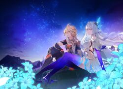 1boy 1girl absurdres aether_(genshin_impact) ahoge aiwo_o_lite bare_shoulders blonde_hair blue_flower braid breasts closed_mouth commentary crystal_shards dress english_commentary flower genshin_impact grey_hair hair_between_eyes hair_ornament highres long_hair looking_at_viewer medium_breasts pink_eyes purple_hands red_eyes second-party_source sideboob skirk_(genshin_impact) thighs very_long_hair white_dress white_hair yellow_eyes