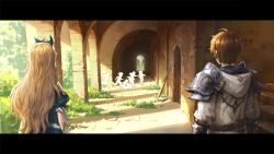 5boys 5girls arch armor artist_request belt blonde_hair blue_dress blue_hat brown_belt brown_hair child coat commentary commentary_request dress english_commentary faceless faceless_female faceless_male frey_(king&#039;s_raid) gauntlets grass hat highres hood kasel_(king&#039;s_raid) king&#039;s_raid korean_commentary long_hair mixed-language_commentary multiple_boys multiple_girls official_art puffy_short_sleeves puffy_sleeves remembering running second-party_source short_hair short_sleeves shoulder_armor silhouette stairs stone_floor tripping white_coat wooden_door