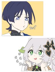 Rule 34 | 1boy, 1girl, bare shoulders, black bodysuit, black hair, blue eyes, blunt ends, bodysuit, bracelet, cross-shaped pupils, double-parted bangs, dress, flying sweatdrops, furrowed brow, genshin impact, gold, green eyes, hair between eyes, hair ornament, highres, jewelry, julydelic, leaf, leaf hair ornament, mandarin collar, nahida (genshin impact), open hands, open mouth, parted bangs, pointy ears, pout, raised eyebrows, scaramouche (genshin impact), sidelocks, symbol-shaped pupils, wanderer (genshin impact), white dress, white hair, bracelet