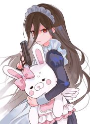 Rule 34 | 1boy, alternate costume, black dress, bow, brown hair, danganronpa (series), danganronpa 2: goodbye despair, dress, ear bow, enmaided, from side, gun, hair between eyes, hatemadeimym, highres, holding, holding gun, holding weapon, juliet sleeves, kamukura izuru, long hair, long sleeves, maid, maid headdress, male focus, pink bow, pink skirt, puffy sleeves, red eyes, simple background, skirt, solo, sweat, usami (danganronpa), weapon, white background, wings