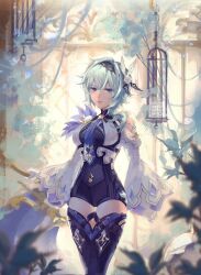 absurdres artist_name black_boots black_hairband blue_cape blue_eyes blue_hair blue_necktie boots breasts cape chest_harness clothing_cutout cowboy_shot cross-laced_clothes cross-laced_cutout crossed_legs eula_(genshin_impact) genshin_impact gloves greenhouse hair_between_eyes hair_ornament hairband harness high-waist_shorts highres indoors leaf lips long_sleeves looking_at_viewer medium_breasts medium_hair meowmeowgirl necktie shorts shoulder_cutout standing thigh_boots thigh_gap vision_(genshin_impact) white_sleeves wide_sleeves