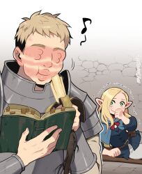 1boy 1girl 3_3 armor banana belt_pouch blonde_hair blue_capelet blue_shirt blush book bookmark capelet choker closed_mouth dungeon_meshi eating elf food fruit grey_hair hair_down hands_up happy highres holding holding_book holding_food holding_staff hood hood_down hooded_capelet humming injury laios_touden laughing long_hair long_sleeves looking_at_another marcille_donato mattress musical_note on_bed open_book pants pauldrons plate_armor pointy_ears pouch reading reclining shirt short_hair shoulder_armor smile solo_focus sprout staff tentacles trembling undercut upper_body vambraces white_pants wooni