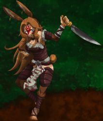 10s 1girl animal_ears aqua_eyes armor breasts brown_hair cleavage commentary_request delilah_(gate) earrings female_focus gate_-_jieitai_ka_no_chi_nite_kaku_tatakaeri jewelry long_hair medium_breasts monster_girl pelvic_curtain rabbit_ears rabbit_girl rabbit_tail reverse_grip saku_(saku346) solo sword tail very_long_hair weapon