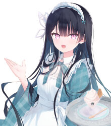 1girl :d apron black_hair blue_bow blue_hairband blue_kimono bow breasts commentary_request food frilled_apron frilled_hairband frills hairband hand_up highres humuyun ice_cream japanese_clothes kimono long_sleeves looking_at_viewer open_mouth original pink_eyes plaid_bow plaid_clothes plaid_kimono plate simple_background small_breasts smile solo spoon tray wafer_stick white_apron white_background wide_sleeves