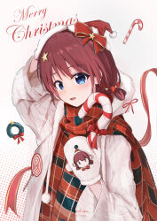 Rule 34 | 1girl, absurdres, blue eyes, brown hair, cardigan, christmas, commentary, cyrilcyclone, girls band cry, glint, hand up, hat, highres, iseri nina, looking at viewer, low twintails, mittens, open mouth, plaid clothes, plaid scarf, red scarf, santa hat, scarf, short hair, short twintails, solo, twintails, white cardigan, white mittens