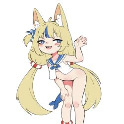 1girl :3 ahoge animal_ears anklet bikini bikini_top_only bikini_under_clothes blonde_hair blue_bikini blue_bow blue_eyes blue_hair blue_ribbon blush bottomless bow cat_ears cat_girl collarbone fins fish_girl fish_tail flat_chest hair_bow hair_ornament hand_on_own_thigh indie_virtual_youtuber jewelry leaning_forward loli long_hair looking_at_viewer low_twintails multicolored_hair navel neck_ribbon open_clothes open_mouth open_shirt qtkat ribbon sameko_saba shirt side_ponytail sleeveless sleeveless_shirt smile standing streaked_hair striped_bikini striped_clothes swimsuit tail teeth twintails virtual_youtuber waving white_background white_shirt