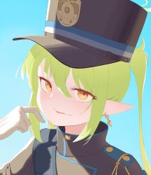 Rule 34 | 1girl, absurdres, black hat, black jacket, blue archive, blue background, commentary request, earrings, fang, gloves, green hair, hat, highres, jacket, jewelry, looking at viewer, nozomi (blue archive), orange eyes, peaked cap, pointy ears, raimti, sidelocks, skin fang, solo, upper body, white gloves