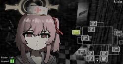 1girl artist_name blue_archive close-up dress film_grain five_nights_at_freddy&#039;s halo hat heart heart-shaped_pupils highres kai_xin looking_at_viewer nurse nurse_cap one_side_up pink_dress pink_eyes pink_hair serina_(blue_archive) smile solo symbol-shaped_pupils yellow_halo