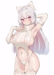 1girl argyle_clothes argyle_sweater arm_behind_head armpits artist_name bow breasts closed_mouth detached_sleeves grey_hair hair_bow highres large_breasts long_hair meme_attire navel original purple_eyes ribbed_sleeves ribbed_thighhighs sideboob solo sweater thighhighs turtleneck turtleneck_sweater virgin_destroyer_sweater white_bow white_sweater y_uunaa