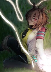 Rule 34 | 1girl, absurdres, agnes tachyon (umamusume), ahoge, animal ears, black pantyhose, black shirt, blue necktie, breasts, brown hair, closed mouth, coat, collared shirt, cork, earrings, hair between eyes, highres, himisana 1337, horse ears, horse girl, horse tail, huge ahoge, jewelry, knee up, lab coat, large breasts, medium hair, necktie, on grass, on ground, open clothes, open coat, pantyhose, red eyes, shirt, short necktie, single earring, sitting, smile, solo, sweater, tail, test tube, umamusume, white coat, yellow sweater