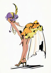 1girl alternate_costume bracelet brown_eyes cosplay dark-skinned_female dark_skin dnbsan espathra espathra_(cosplay) feather_hair_ornament flapper_girl frills full_body hair_ornament high_heels jewelry leaning_forward lipstick looking_back makeup necklace nintendo pokemon pokemon_sv purple_background red_lips short_hair solo tulip_(pokemon) white_background