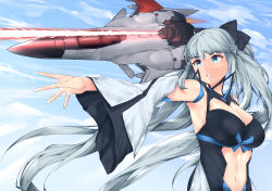 1girl absurdres ace_combat ace_combat_zero adfx-02_morgan armpits artist_request black_bow blue_eyes bow braid breasts cannon cleavage clothing_cutout cloud cloudy_sky commentary detached_sleeves directed-energy_weapon electricity energy energy_beam energy_cannon energy_weapon english_commentary fate/grand_order fate_(series) firing half_up_braid highres large_breasts laser laser_cannon laser_weapon midriff morgan_le_fay_(fate) name_connection navel outstretched_arm platinum_blonde_hair prototype_design red_electricity red_laser sky stomach_cutout tactical_laser_system upper_body zoisite_(ace_combat)