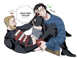 &gt;_&lt; 2boys animification ashuiashui119 beard black_bodysuit black_boots blonde_hair blue_eyes blue_shirt blush bodysuit boots brown_hair chinese_text closed_eyes facial_hair fingerless_gloves fingernails gloves grey_male_underwear hand_on_another&#039;s_face highres john_walker_(marvel) long_sleeves looking_at_another lying male_focus male_underwear marvel marvel_cinematic_universe multiple_boys on_back open_mouth puffy_long_sleeves puffy_sleeves red_gloves sentry_(marvel) shirt short_hair simple_background speech_bubble standing star_(symbol) star_print striped_clothes striped_shirt sweatdrop tearing_up teeth thunderbolts_(movie) translation_request underwear veins vertical-striped_bodysuit white_background yaoi