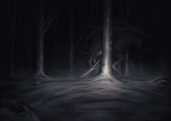 claws creepypasta dark_background dim_lighting forest fox ghost glowing glowing_eyes hisuian_zoroark mane nature nintendo pokemon pokemon_(creature) snow tree tree_stump victifreak white_hair wispy_bangs