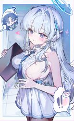 Rule 34 | !, !!, 0202ase, 1boy, 1girl, 2girls, ?, absurdres, black pantyhose, blue archive, blue eyes, blue hair, blue necktie, breasts, doodle sensei (blue archive), dress, highres, holding, holding tablet pc, multiple girls, necktie, noa (blue archive), pantyhose, purple eyes, sensei (blue archive), sideboob, sleeveless, sleeveless dress, spoken character, spoken exclamation mark, tablet pc, white dress, white hair, yuuka (blue archive)