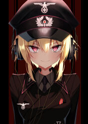 1girl absurdres blonde_hair cross epaulettes hat headphones highres iron_cross jiseki_rena looking_at_viewer military_dress_uniform military_uniform nazi necktie original peaked_cap red_eyes reichsadler rena_(jiseki_rena) short_hair smile solo straight-on throat_microphone totenkopf tsurime white_background