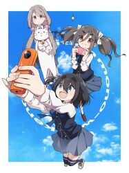 3girls absurdres amamiya_satsuki_(mono) animal black_hair blue_eyes blue_sky blush camera cat cellphone cloud commentary foreshortening grey_hair hair_between_eyes hair_ornament hair_ribbon hair_scrunchie highres holding holding_animal holding_camera holding_phone kiriyama_an long_sleeves low_twintails mono_(afro) multiple_girls neck_ribbon one_side_up open_mouth phone pleated_skirt purple_eyes red_eyes ribbon school_uniform scrunchie shikishima_sakurako shoes skirt sky smartphone smile sparkle swept_bangs text_background thick_eyebrows thighhighs twintails yas_(yosiyasuyasu)