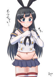 1girl agano_(kancolle) akashieru black_hair black_hairband black_neckerchief black_panties blue_sailor_collar blue_skirt breasts clenched_teeth commentary_request cosplay crop_top elbow_gloves gloves green_eyes hairband highleg highleg_panties highres kantai_collection long_hair looking_at_viewer medium_breasts microskirt miniskirt navel neckerchief one-hour_drawing_challenge panties pleated_skirt plump sailor_collar shimakaze_(kancolle) shimakaze_(kancolle)_(cosplay) shirt simple_background skirt sleeveless sleeveless_shirt solo striped_clothes striped_thighhighs teeth thighhighs translation_request underwear white_background white_gloves
