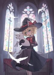 1girl absurdres animal apron artist_request black_capelet black_gloves black_hat black_skirt black_vest blonde_hair blue_eyes bow bowtie braid bright_pupils brown_apron capelet church commission cookie_(touhou) elbow_gloves full_body gloves hair_between_eyes hair_bow hat hat_bow highres holding holding_animal indoors kirisame_marisa lamb looking_at_viewer meguru_(cookie) open_mouth red_bow red_bowtie second-party_source sheep short_hair side_braid single_braid skirt skirt_set smile solo stained_glass touhou vest waist_apron white_pupils witch_hat