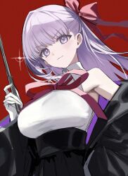 Rule 34 | 1girl, bare shoulders, bb (fate), bb (fate/extra), black coat, black skirt, bow, breasts, closed mouth, coat, dress, fate/extra, fate/extra ccc, fate/grand order, fate (series), gloves, hair bow, hair ribbon, high-waist skirt, highres, holding, holding pointer, large breasts, leotard, long hair, looking at viewer, okchun, open clothes, open coat, pointer, popped collar, purple eyes, purple hair, red background, red bow, red ribbon, ribbon, simple background, skirt, sleeveless, solo, upper body, very long hair, white gloves, white leotard