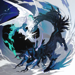 absurdres animal_ears black_fur black_sclera blue_eyes blue_feathers blue_fire blue_sclera claws colored_sclera extra_eyes feathers fire highres horns long_tail microw monster monster_focus multiple_horns multiple_wings no_humans original purple_horns signature tail white_fur white_wings wings