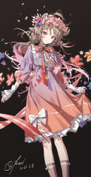 1girl absurdres arknights black_background blue_flower blush bow brown_eyes brown_hair closed_mouth dress eyjafjalla_(arknights) feet_out_of_frame flower hair_between_eyes head_wreath highres kieed long_hair long_sleeves low_twintails multicolored_dress orange_dress pink_flower pink_socks purple_flower red_bow sidelocks skirt_hold sleeves_past_wrists smile socks solo twintails white_wrist_cuffs wrist_cuffs