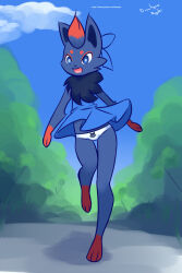 1girl animal animal_ears animal_hands animal_print barefoot black_fur black_hair blue_bow blue_dress blue_eyes bow cat_print cloud drantyno dress fangs forest fox fox_ears fox_girl furry gen_5_pokemon hair_bow multicolored_hair nature nintendo open_mouth panties personification pokemon pokemon_(creature) print_panties red_fur red_hair road short_hair sky sleeveless sleeveless_dress smile tree two-tone_hair underwear walking white_panties wind wind_lift zorua