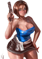 Rule 34 | 1girl, black skirt, blue eyes, breasts, brown hair, cleavage, commentary, english commentary, gun, handgun, highres, holding, holding gun, holding weapon, jill valentine, looking at viewer, miniskirt, orion-m, resident evil, resident evil 3: nemesis, short hair, signature, simple background, skirt, smile, weapon, white background