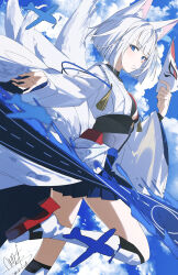 1girl absurdres animal_ear_fluff animal_ears azur_lane blue_eyes blue_skirt blunt_ends bob_cut fox_ears fox_girl fox_mask fox_tail highres holding holding_mask japanese_clothes kaga_(azur_lane) kimono kneehighs looking_at_viewer mask multiple_tails pleated_skirt qtian red_sandals sandals short_hair sidelocks skirt socks solo tail white_hair white_kimono white_socks