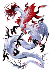 antennae branch claws colored_skin covered_eyes dragon dragon_wings extra_legs feathers forked_tongue full_body highres komododoragonn long_neck long_tail monster monster_focus no_humans open_mouth original petals red_claws red_feathers red_petals sharp_teeth simple_background solo tail talons teeth tongue twitter_username watermark white_background white_skin white_wings wings