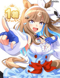 1girl absurdres almond_eye_(umamusume) animal_ears artist_name blue_eyes blush braid breasts brown_hair cleavage collarbone commentary_request detached_sleeves hair_between_eyes hair_ornament highres horse_ears horse_girl horse_tail long_hair looking_at_viewer multicolored_hair open_mouth solo tail teeth two-tone_hair u-sukio. umamusume upper_teeth_only white_background