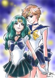 Rule 34 | 2019, 2girls, :d, aqua hair, aqua skirt, bare legs, bishoujo senshi sailor moon, blue bow, blue eyes, blue skirt, bow, choker, circlet, closed mouth, collarbone, couple, dated, earrings, female focus, gloves, hand on another&#039;s stomach, happy, highres, holding hands, interlocked fingers, jewelry, kagawa hisashi, kaiou michiru, legs, light brown hair, long hair, looking at another, looking back, magical girl, multiple girls, neck, necklace, open mouth, pleated skirt, sailor neptune, sailor uranus, school uniform, serafuku, short hair, signature, skirt, smile, standing, ten&#039;ou haruka, white gloves, yellow bow, yuri