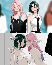 2girls alien_stage bare_shoulders black_hair black_necktie black_shirt bra closed_eyes closed_mouth collared_shirt commentary english_commentary english_text gradient_hair headset highres implied_fingering long_hair midriff mizi_(alien_stage) multicolored_hair multiple_girls necktie parted_lips pink_hair raimusoft shirt short_hair sleeveless sleeveless_shirt smile sua_(alien_stage) underwear white_bra white_shirt yuri