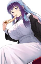 1girl black_coat black_robe blunt_bangs breasts coat commentary_request covered_erect_nipples dress eating fern_(sousou_no_frieren) food from_below highres holding holding_food holding_pizza huge_breasts jchoy light_blush long_hair looking_at_viewer pizza pizza_slice purple_eyes purple_hair purple_pupils robe sidelocks sitting solo sousou_no_frieren straight_hair white_background white_dress