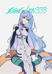 1girl arm_support ayanami_rei blue_hair bodysuit breasts closed_mouth commentary copyright_name eva_00 evangelion:_3.0+1.0_thrice_upon_a_time evangelion:_3.0_you_can_(not)_redo expressionless feet_out_of_frame grey_background highres interface_headset_(evangelion) jessie6533 long_hair mecha_pilot_suit medium_breasts neon_genesis_evangelion plugsuit_(evangelion) rebuild_of_evangelion red_eyes simple_background sitting skin_tight solo very_long_hair white_bodysuit