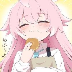 1girl :t absurdres ahoge blue_archive blue_necktie blush closed_eyes closed_mouth collared_shirt eating facing_viewer food food_on_face halo hand_up happy highres holding holding_food hoshino_(blue_archive) long_hair master_m_489 necktie pink_hair shirt smile solo striped_clothes suspenders upper_body white_shirt