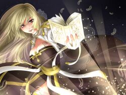 1girl arch_bishop_(ragnarok_online) blonde_hair book breast_tattoo breasts brown_dress cleavage cleavage_cutout clothing_cutout commentary_request cowboy_shot cross dress feathers holding holding_book juliet_sleeves kamui_setsuna large_breasts long_hair long_sleeves looking_at_viewer open_book open_mouth puffy_sleeves ragnarok_online red_eyes sash smile solo tattoo two-tone_dress underlighting very_long_hair white_dress yellow_sash