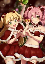 2girls bare_shoulders blonde_hair blush bow breasts capelet christmas_present cleavage collarbone detached_collar dress fang fur-trimmed_capelet fur-trimmed_dress fur_trim gift green_eyes hair_between_eyes hair_bow heart heart_hands highres idolmaster idolmaster_cinderella_girls jougasaki_mika jougasaki_rika long_hair looking_at_viewer medium_breasts midriff multiple_girls navel one_eye_closed open_mouth pink_hair pink_nails red_bow red_capelet red_dress red_shirt red_skirt santa_costume santa_dress shirt siblings sisters skirt smile spicapix twintails two_side_up white_bow yellow_eyes