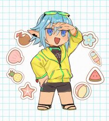 1boy arm_up ball beachball black_bodysuit blue_eyes blue_flower blue_hair bodysuit coconut_cup commentary_request dot_nose drinking_straw elezen elf eyewear_on_head feet final_fantasy final_fantasy_xiv flower food fruit green-tinted_eyewear green_trim grid_background hair_between_eyes hand_on_own_hip haurchefant_greystone ice_cream ice_cream_cone jacket long_pointy_ears long_sleeves male_focus official_alternate_costume open_mouth partially_unzipped pineapple pointy_ears sandals scallop seashell shading_eyes shell short_hair solo starfish sunglasses suzuka_(su9111suzu) tinted_eyewear watermelon watermelon_slice yellow_jacket zipper zipper_pull_tab