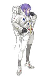 1girl astronaut backpack bag black_gloves blue_eyes gloves hand_on_own_hip highres looking_at_viewer original pouch puffy_sleeves purple_hair sawatani_(_swt2) shoes sneakers solo white_background